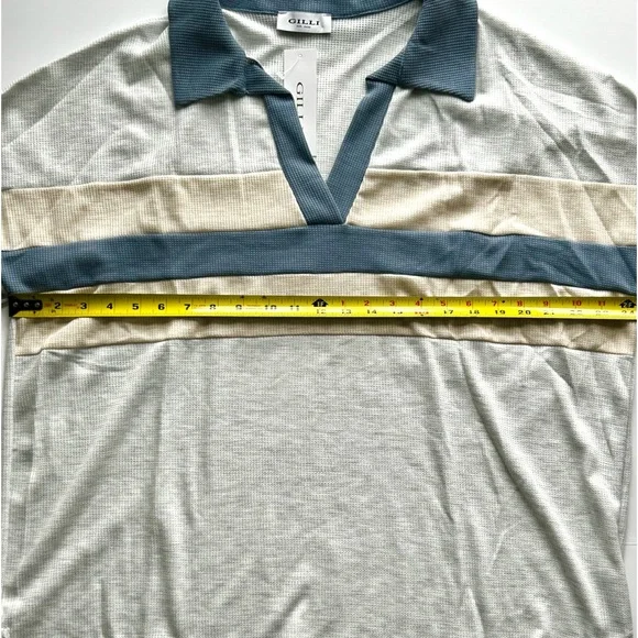 🌸NWT Women’s Waffle V-Neck Collared Top. Blue/Grey/Cream. Size: Large - Picture 7 of 10